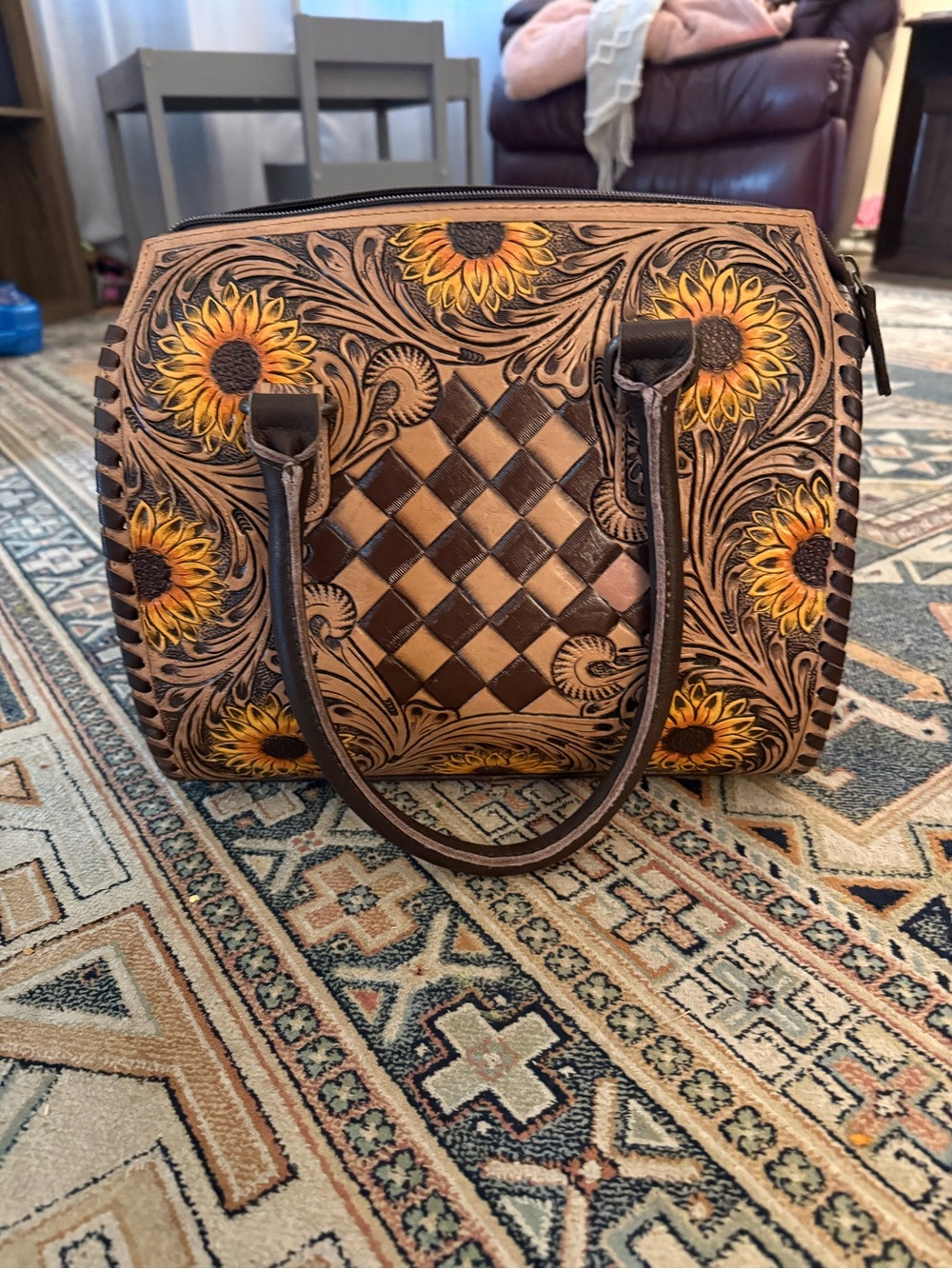 Hand-Tooled Sunflower Leather Satchel - Brown/Yellow